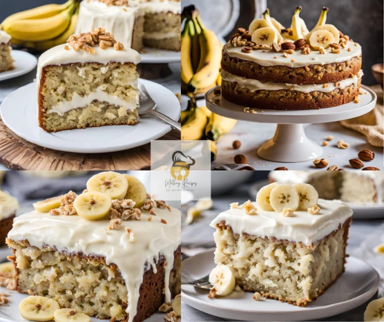 a whole banana cake with cream cheese frosting, banana slices, and nuts as garnishes, surrounded by fresh bananas.