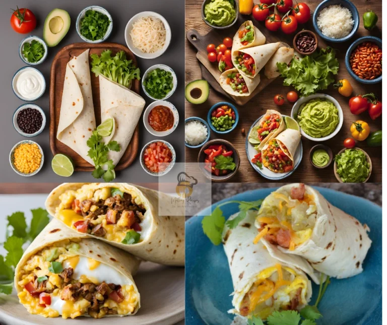 A variety of vibrant breakfast burritos displayed with fresh ingredients like avocados, tomatoes, cheese, salsa, and cilantro.