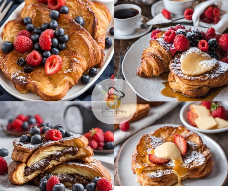 croissant French toast dishes, topped with fresh berries, powdered sugar, syrup, and custard, served alongside coffee and fresh fruit.