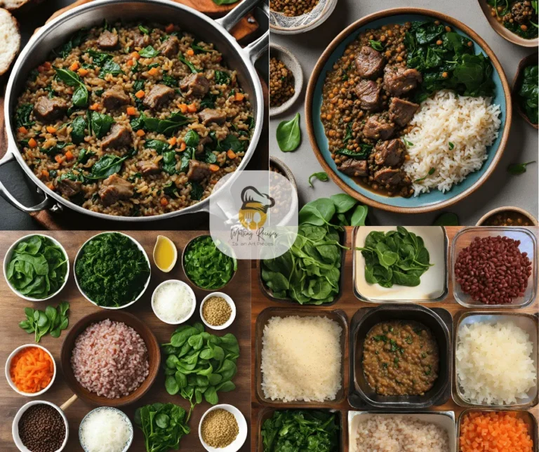 A flavorful bowl of lamb lentils rice with sautéed spinach, garnished with fresh herbs