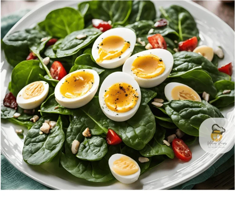 Plate of spinach with boiled eggs in a modern kitchen.