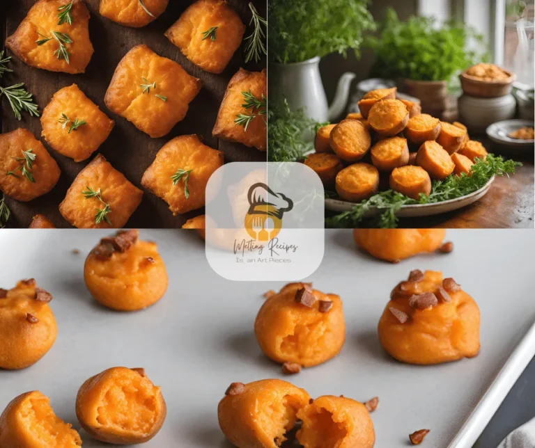 Golden brown sweet potato puffs arranged on a white plate with a side of dipping sauce."