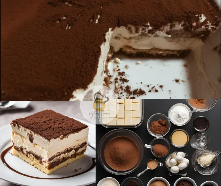 A close-up of tiramisu with layers of creamy mascarpone, espresso-soaked ladyfingers, and cocoa powder, served on a white plate alongside its ingredients like eggs, cocoa powder, and mascarpone.