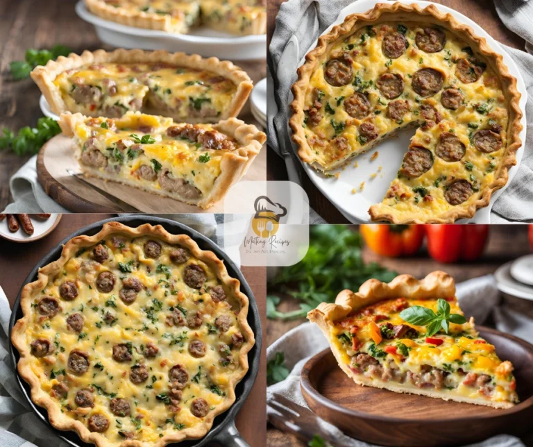 A close-up of a freshly baked sausage quiche with sausage slices, cheese, and vegetables, displayed in several angles to show the texture and filling inside.